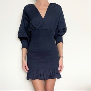 Rhode Smocked Cotton Poplin Mini Dress Navy Blue Large